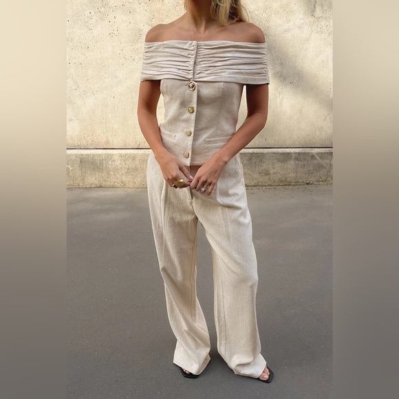 NA-KD Set - Beige Linen Blend Off Shoulder Top & Suit Trousers - Picture 4 of 17
